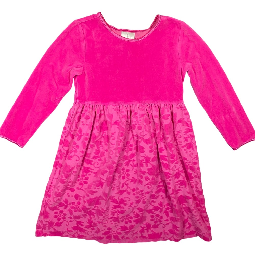 Hanna Andersson Girl Pink Velour Floral Burnout Long Sleeve Dress Size 120 (6/7)